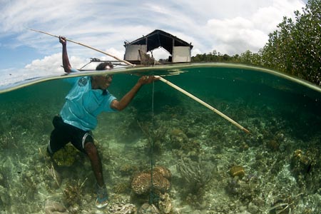 Spearfishing in the reef near the mangroves, this Papuan has a quaint houseboat behind him