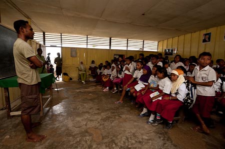 Leadership qualities shine through Ranger Rajak as he talks in front of the school children of Yellu 