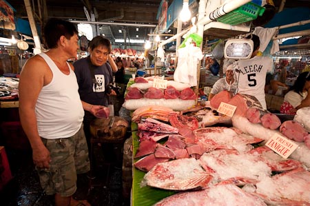 Jingles talks to a fish vendor about his tuna sales