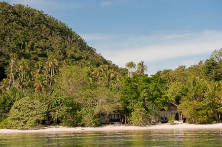 The cottages are hidden in thick pandanus and tropical trees by the white beach of Cape Kri