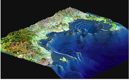 Bathymetry showing Kimbe Bay's narrow coastal shelf (max depth 200m) plunging to deep ocean depth of >2000m. Data based on best available Bathymetric data from Navigational Charts and the General Bathymetric Chart of the Oceans) overlaid with IMaRS 2004 geomorphology for the coastline and reefs. Bathymetric - measure of depth of water in oceans, seas or lakes. Geomorphology - Landscape and other natural features of the earth's surface
