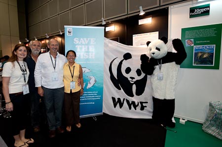 The prominent WWF booth during ADEX is the backdrop of our group picture. With us L-R are Abi Virjee of WWF Singapore, dear friend John Rumney of Eye to Eye Marine Encounters, us and PANDA a.k.a. Lineke!