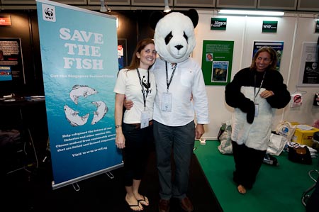 Abi poses with Panda Yogi while Lineke takes a breather. The Seafood Guide received great exposure during this trade show
