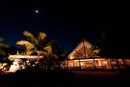Night shot of Club Paradise restaurant. Right in front of this is the house reef where the dugong was waiting for us in the seagrass bed!