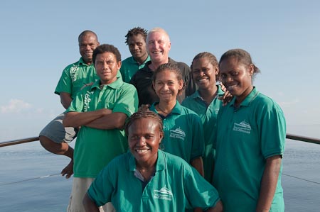 Surrounded by the crew who loves him are (from top left to right) Digger, Michael, Alan, Levo, Diana, Jane, Pauline and finally the lady boss of the boat Josie!
