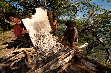 With corrugated iron as the base, the women make a pyre out of very dry drift wood for the dry corals to burn for three long hours