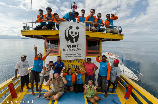 The Freunds with WWF Indonesia Cenderawasih Bay staff on Gurano Bintang educational boat!