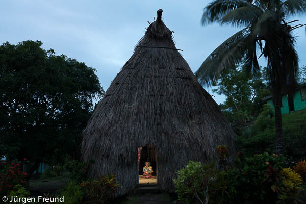 Authentic Fijian bure after sunset.