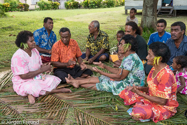 Ligau Levu Village led by their chief performs a Meke - traditional song and dance to tell of legends, love stories, history and spirits of the islands. There are two groups in the Meke - the orchestra (Vakatara), who sit on the ground and sing or chant for the second group, the dancers (Matana). The instruments are percussion (hardwood gongs, bamboo tubes, beating sticks etc). For the Meke the performers wear garlands of flowers (Salusalu), the men wear full warrior costume and the women, in traditional clothes, glisten with scented coconut oil.