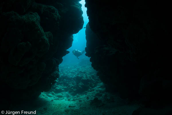 Coral Reef crevice in the Great Sea Reef with diver silhouetted against a coral cave.