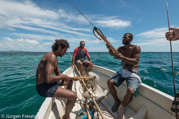 Spear fisherman hunting reef fish in non-marine protected areas of the Great Sea Reefs.
