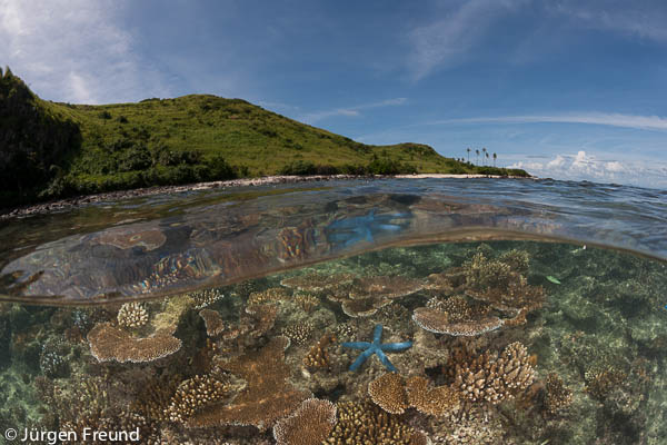 Split level of shallow coral reef and Kia Island