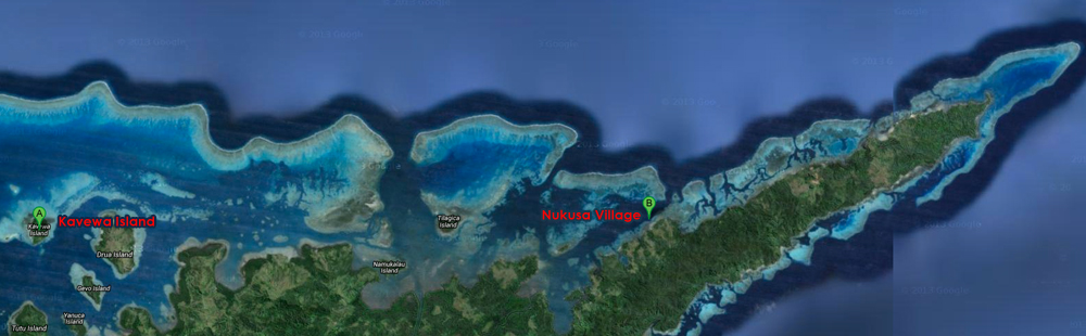 Google Earth Map - Kavewa to Udu Point, the farthest east we got in Fiji. (Click for larger map)
