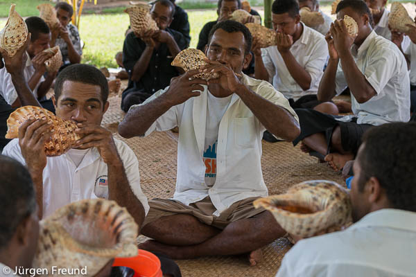Blowing of the conch shell or trumpet shell called "davui" the men are chosen from "Tokatoka Waivuvu" a sub clan of the Tui Macuata's traditional conch blowers from different parts of Macuata Province. The significance of the conch shell blowers shows the highest respect accorded to the late Tui.