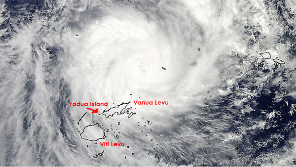 December 16 - NASA’s Aqua satellite image as Cyclone Evan spirals over Vanua Levu and Viti Levu.