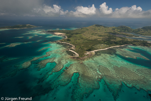 Nacula Island. The Great Sea Reef from the Yasawa Group of Islands.